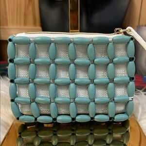 Miu Miu Turquoise Beaded Cream Woven Coin Purse